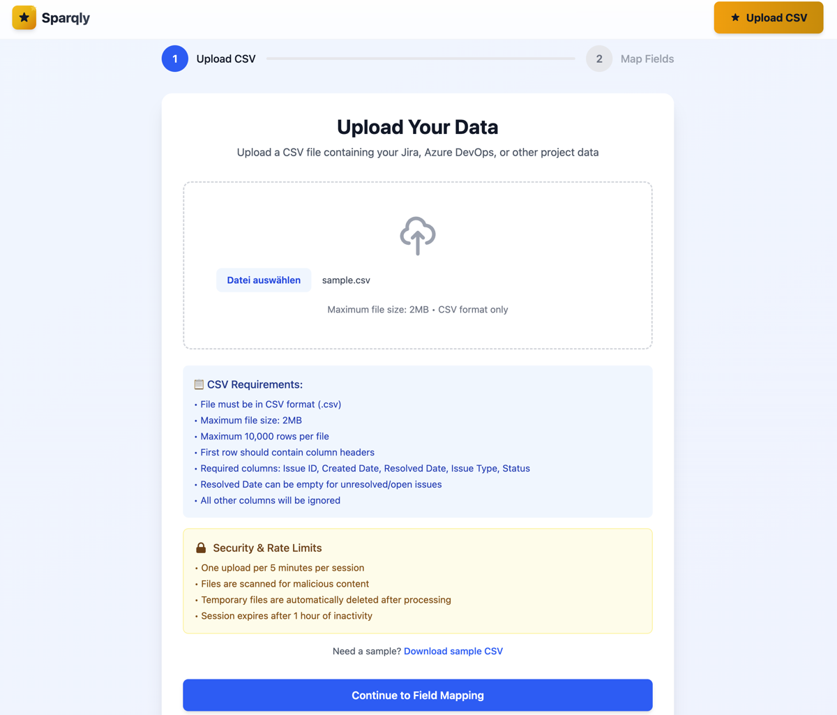 Upload CSV step